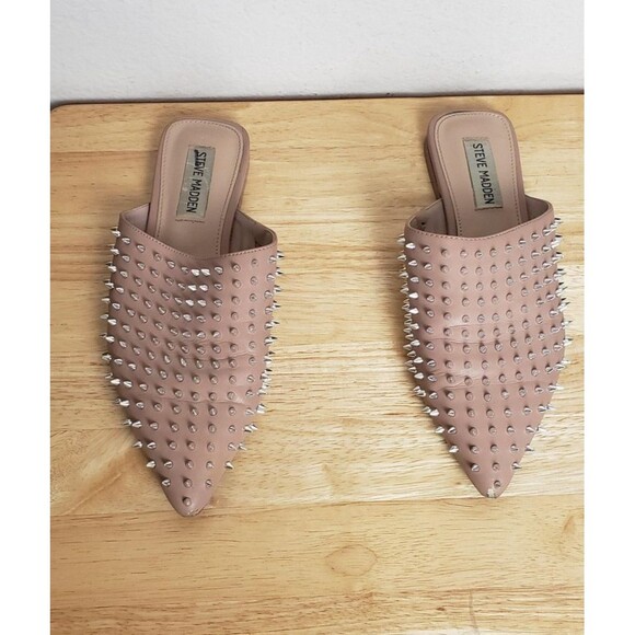 Steve Madden Shoes Womens 7M Tan Nude Studded Spike Pointed Mule Slides Rocker - Picture 1 of 7